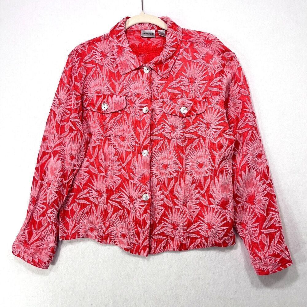 Chico's Shirt Women 3/US L Pink Floral Shacket Embroidered Jacket Boho Western
